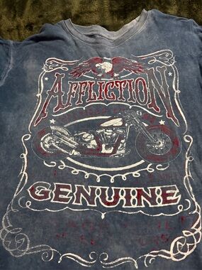 Affliction Washed Blue Motorcycle Graphic Tee with Red & White Print